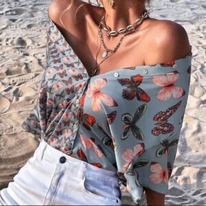 Boho Dusty Blue Butterfly Button Down Oversized Top | Blue | Size Large 🦋🌸